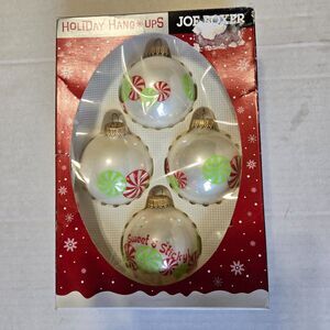 Vintage Joe Boxer Peppermint Sweet & Sticky Glass Ornaments USA Kmart 4-Pk